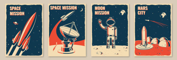 Mars city and space mission posters, banners, flyers. Vector. Concept for shirt, print, stamp. Vintage typography design with space rocket, astronaut on the moon and city on mars silhouette.