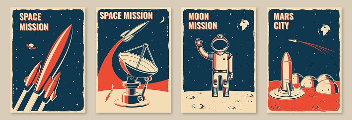 Mars city and space mission posters, banners, flyers. Vector. Concept for shirt, print, stamp. Vintage typography design with space rocket, astronaut on the moon and city on mars silhouette.