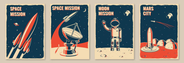 Mars city and space mission posters, banners, flyers. Vector Concept for shirt, print, stamp. Vintage typography design with space rocket, astronaut on the moon and city on mars silhouette. vector art illustration