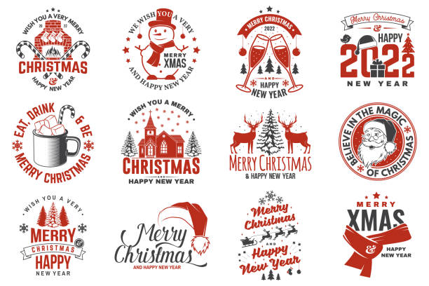 Set of Merry Christmas and 2022 Happy New Year stamp, sticker Set quotes with snowflakes, snowman, santa claus, candy, sweet candy, cookies. Vector Vintage typography design for xmas, new year emblem. Set of Merry Christmas and 2022 Happy New Year stamp, sticker Set quotes with snowflakes, snowman, santa claus, candy, sweet candy, cookies. Vector. Vintage typography design for xmas, new year emblem clothing hang tags stock illustrations