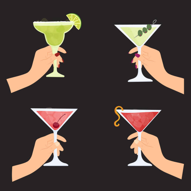 Hand drawn cartoon vector illustration of female hands holding Martini, Manhattan, Cosmopolitan frozen Margarita cocktails. Celebration, party, girlsâ night out. Hand drawn cartoon vector illustration of female hands holding Martini, Manhattan, Cosmopolitan frozen Margarita cocktails. Celebration, party, girlsâ night out gripping bars stock illustrations