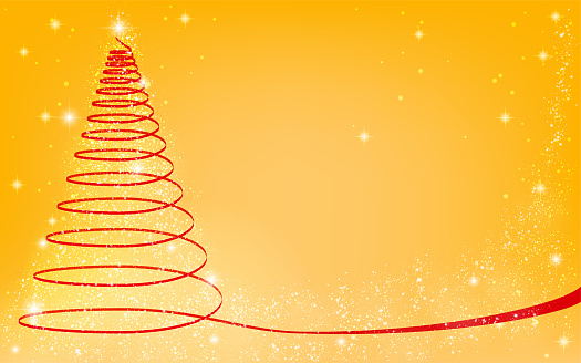 Christmas tree with glittery ribbon, yellow background