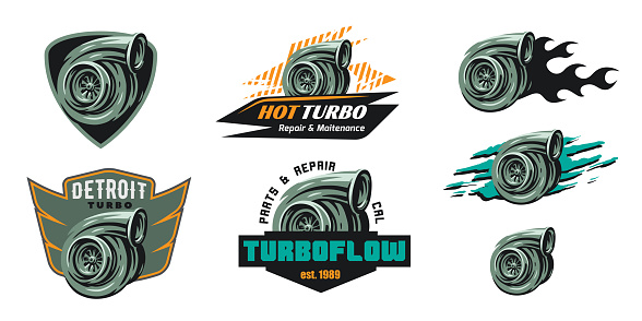 Set of turbo compressor emblems and badges. emblem of turbocharger for repair or maintenence shop, or car tuning company.