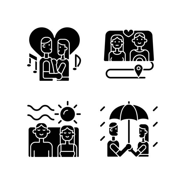 illustrations, cliparts, dessins animés et icônes de coupler des icônes de glyphe noir de qualité sur un espace blanc - vacations women men stability