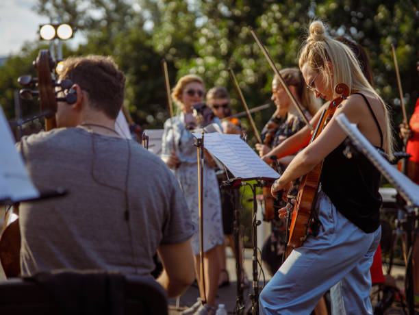 istock Charming woman musician playing violin in orchestra 1349032113