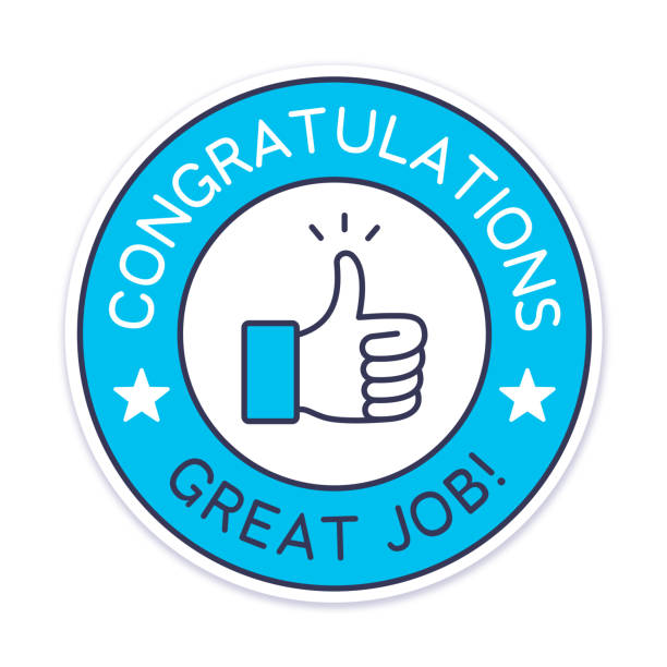 illustrazioni stock, clip art, cartoni animati e icone di tendenza di congratulazioni ottimo lavoro thumbs up badge - congratularsi