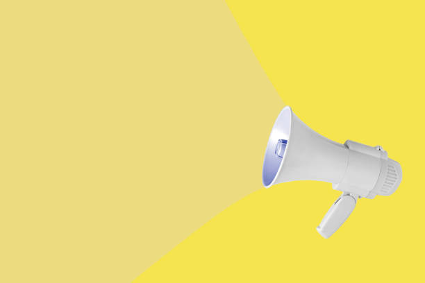 istock Minimal aesthetic abstract creative scene with gray megaphone isolated on illuminating yellow background with copy space. Message card idea. Optimistic rhetoric loudspeaker concept. 1349036909