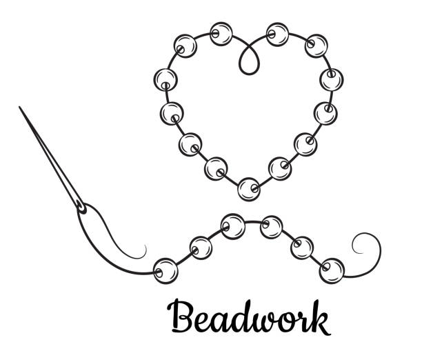 ilustrações de stock, clip art, desenhos animados e ícones de beadwork embroidery, beading handmade line icon. sewing needle with thread for sew glass beads to fabric. clothes decoration, jewelry making accessories. creative needlework workshop. outline vector - bead glass jewelry stone