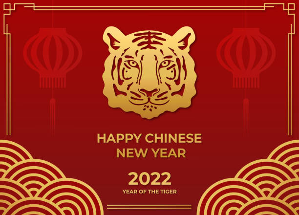 ilustrações de stock, clip art, desenhos animados e ícones de chinese new year 2022 greeting card. year of the tiger. gold tiger, lanterns and asian elements with craft style on red background. vector illustration. - wave pattern abstract shape winter