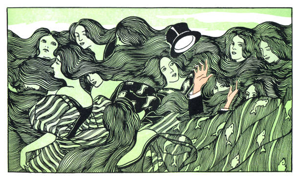 ilustrações de stock, clip art, desenhos animados e ícones de group of women drowning a man illustration 1897 - women victorian style retro revival art nouveau