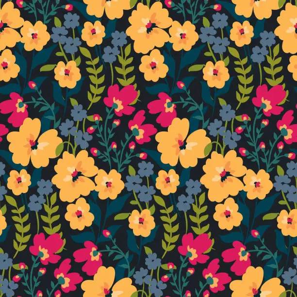 Vector illustration of Beautiful seamless pattern with summer meadow. Bright colors and flowers. Floral pattern in vector.