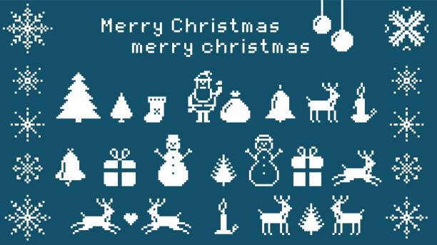 illustrations, cliparts, dessins animés et icônes de ensemble de pixels de noël. père noël avec sac de cadeaux - color image blue background season animal