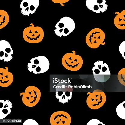 istock Skulls And Pumpkins Seamless Pattern 1349045430