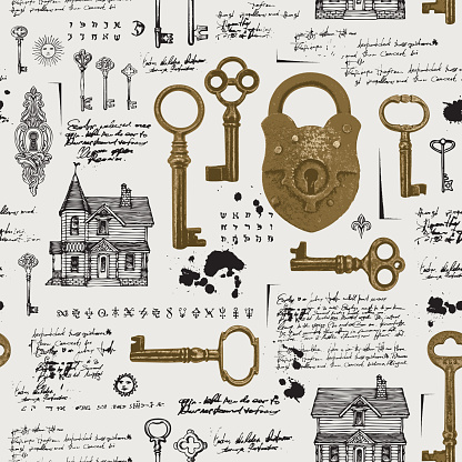 Seamless pattern with vintage padlock, old keys, keyholes and hand-drawn log houses. Vector background with sketches and unreadable handwritten text. Suitable for wallpaper, wrapping paper, fabric