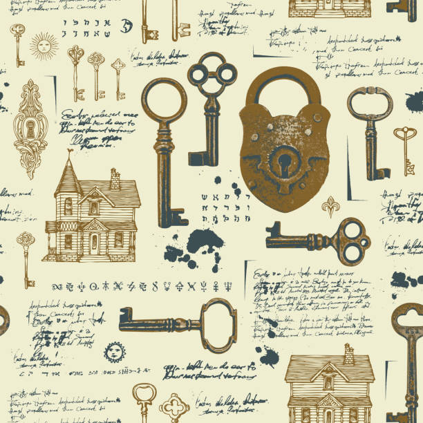 illustrations, cliparts, dessins animés et icônes de motif sans couture avec de vieilles clés, cadenas et maisons - rusty symbol wood backgrounds