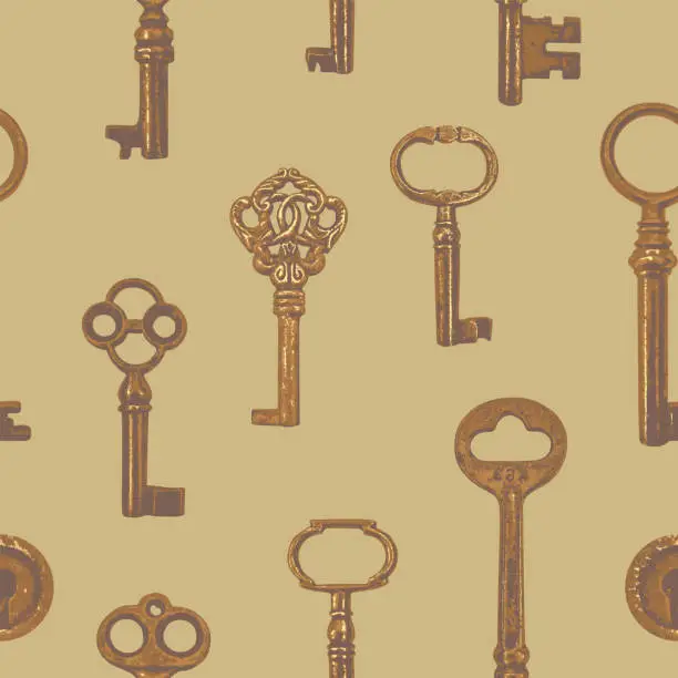Vector illustration of vintage seamless pattern with old beautiful keys