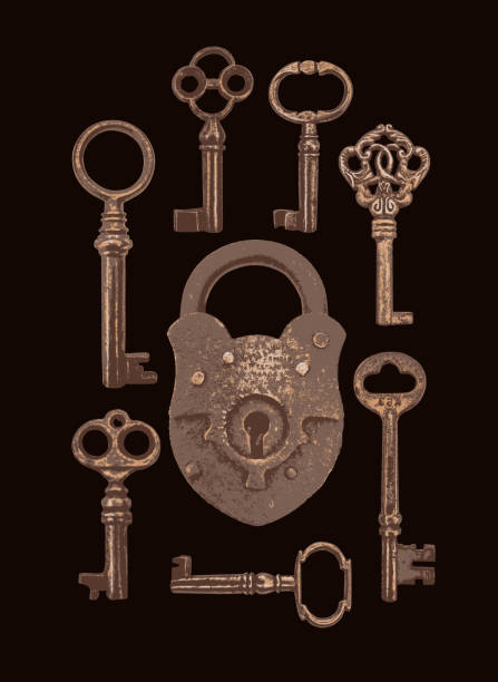 illustrations, cliparts, dessins animés et icônes de bannière vectorielle avec clés en bronze vintage et cadenas - keyhole lock door antique