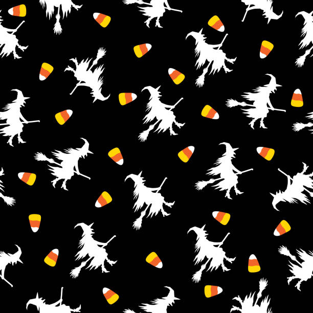 마녀와 사탕 옥수수 원활한 패턴 - broom corn stock illustrations