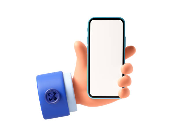 istock Cartoon character hand holds smart phone 1349047092