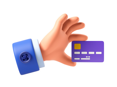 Cartoon hand of businessman holds debit or credit card. Concept of contactless payment or online shopping and online banking. 3d illustration