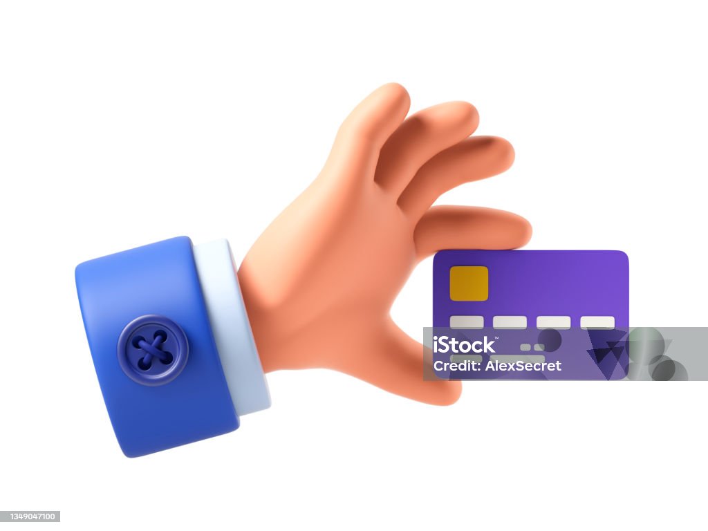 Cartoon hand of businessman holds debit or credit card Cartoon hand of businessman holds debit or credit card. Concept of contactless payment or online shopping and online banking. 3d illustration Three Dimensional Stock Photo