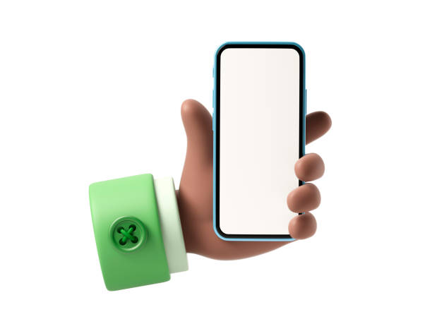 Cartoon character hand holds smart phone
