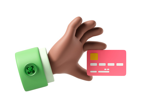 Cartoon hand of businessman holds debit or credit card. Concept of contactless payment or online shopping and online banking. 3d illustration