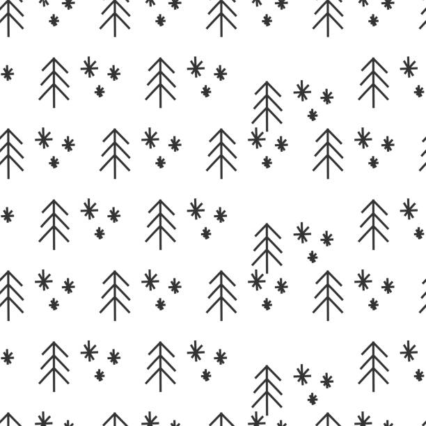 bildbanksillustrationer, clip art samt tecknat material och ikoner med vector. christmas and new year seamless pattern. design templates for typographic products. minimalism backgrounds for branding, banner, cover, postcard. simple hand drawn fir tree and snowflakes. - winter wonderland
