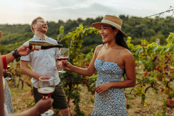 Wine tasting with friends in vineyard Man pouring glass of wine to his female asian friend in vineyard vineyard stock pictures, royalty-free photos & images