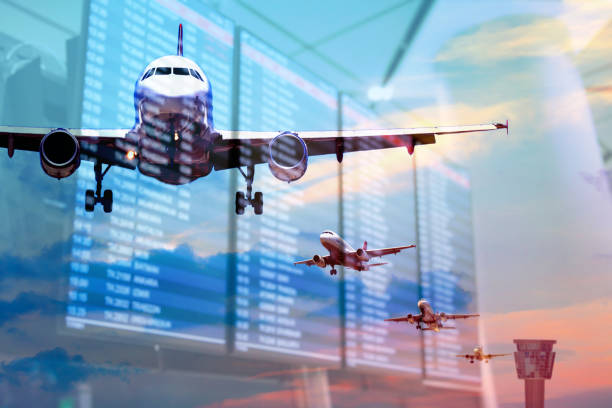 istock Plane and Flight information screens double Exposure Concepts 1349054906