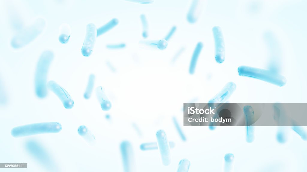 Probiotics Probiotics. Restoring the intestinal flora. Blue color. Lactobacillus. 3d illustration. Bacterium Stock Photo
