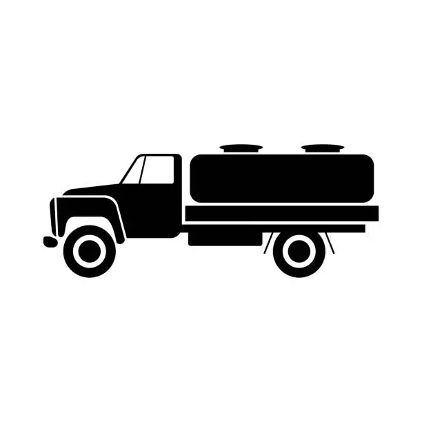 Vector illustration of Tank truck icon. Black silhouette. Side view. Vector drawing. Isolated object on white background. Isolate.