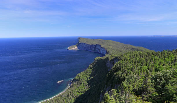 Aerial view from Mont-St-Alban viewpoint in Forillon National Park, Gaspe Peninsula, Quebec, Canada Aerial view from Mont-St-Alban viewpoint in Forillon National Park, Gaspe Peninsula, Quebec, Canada forillon national park stock pictures, royalty-free photos & images