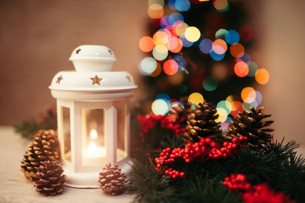 istock Christmas lantern on wooden table 1349062202