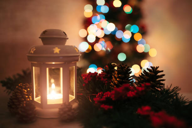 istock Christmas lantern on wooden table 1349062253
