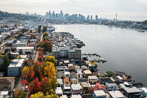 Lake Union houseboats cluster along the shoreline of the east side of the lake.  The Seattle skyline is in the background including the Space Needle.