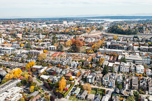 The Westlake neighborhood resides along Lake Union.  In the far background is the University of Washington and Lake Washington.