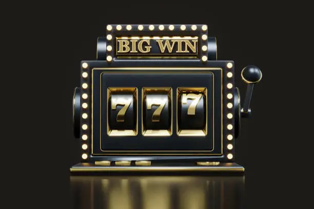 Photo of Big win slots machine 777 casino on isolated black background. Illustration one arm bandit. Slot machine for casino, lucky seven in gambling game 3d rendering.