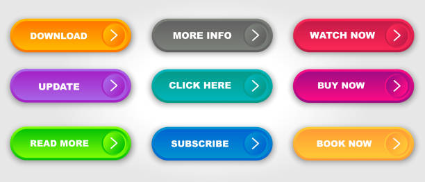 Buttons with gradient and shadow. Colorful collection for web, UI, UX, app. Gradient neon buttons - download, read more, subscribe, click here, follow, continue, sign up and other. Vector flat set.