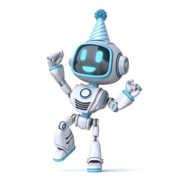 Cute blue robot celebrate birthday 3D rendering illustration isolated on white background