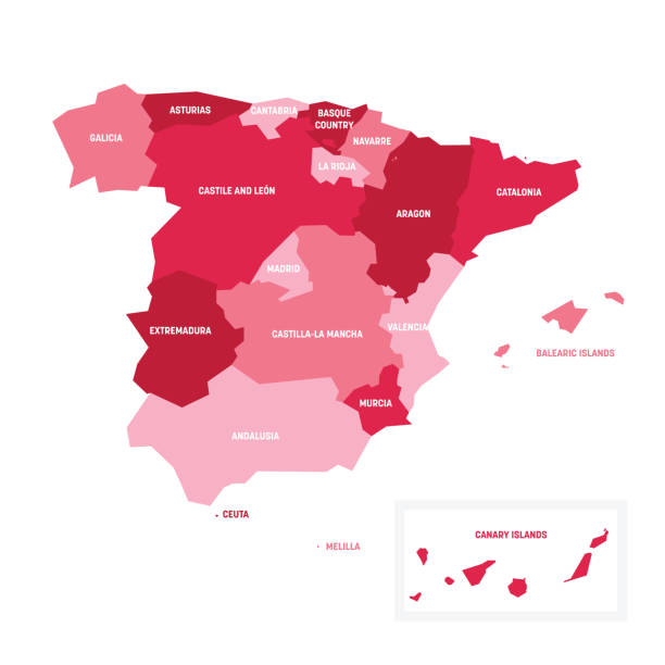 Spain - map of autonomous communities Pink political map of Spain. Administrative divisions - autonomous communities. Simple flat vector map with labels. spain stock illustrations