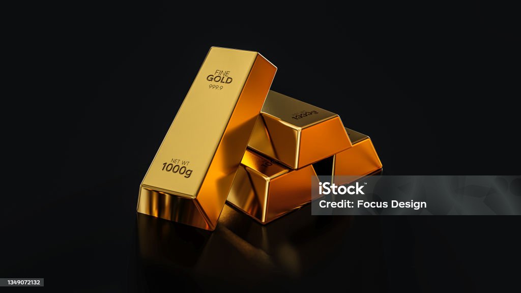 Gold on black background Finance and investment concepts with copy space, shiny precious metals for investments or reserves, 3d rendering. Gold bars pile isolated on black background. Financial success, business investment and wealth concept. 3D illustration Ingot Stock Photo