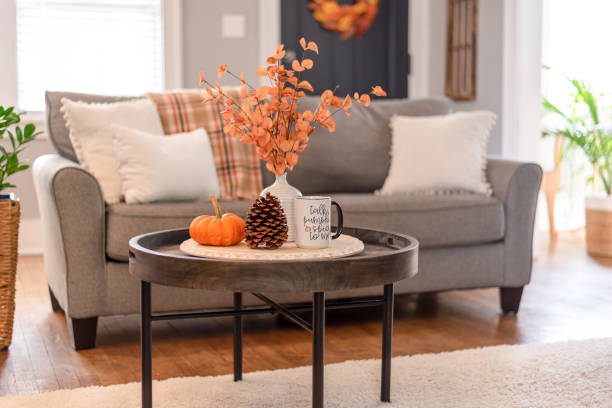 Cozy living room decorated for fall stock photo