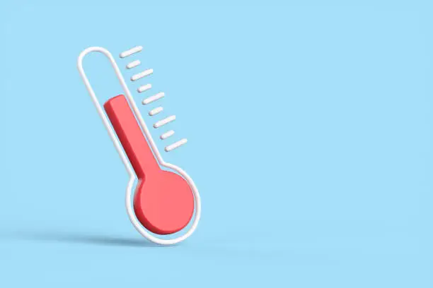 Cartoon red thermometer isolated on blue background. The concept of weather and increased temperature from a pandemic. 3d render illustration.