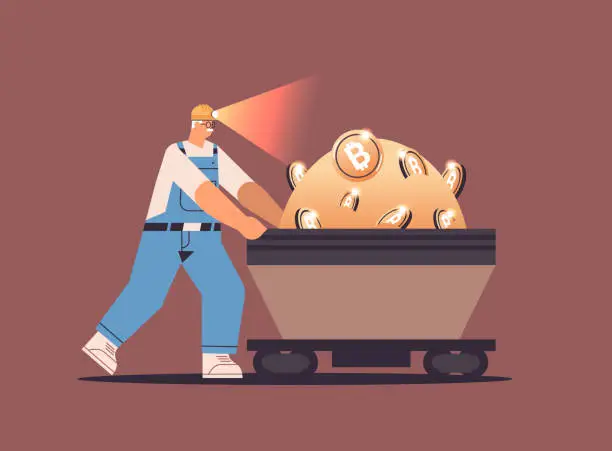 Vector illustration of man miner pushing bitcoins in mine cave mining crypto coins digital cryptocurrency blockchain concept