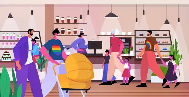 Vector illustration of gay lesbian families spending time in cafe transgender love LGBT community concept horizontal