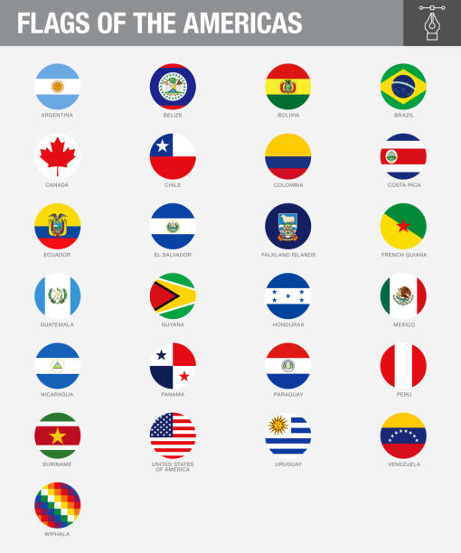 American Country Flag Buttons A set of North, South and Central American country flags. Drawn in the correct aspect ratio. File is built in the CMYK color space for optimal printing, and can easily be converted to RGB without any color shifts. latin american flags stock illustrations