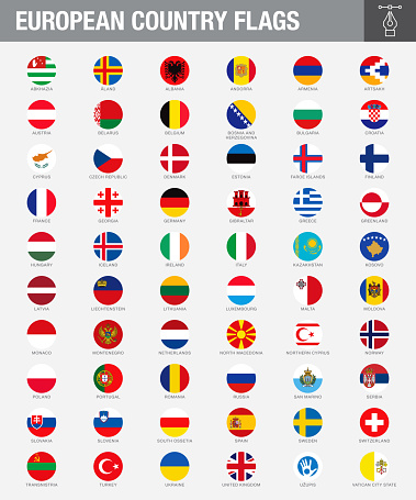 The flags of European countries, including some disputed territories. Drawn in the correct aspect ratio. File is built in the CMYK color space for optimal printing, and can easily be converted to RGB without any color shifts.