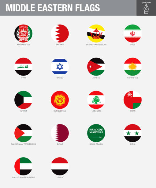 Middle Eastern Country Flag Buttons A set of Middle Eastern country flags. Drawn in the correct aspect ratio. File is built in the CMYK color space for optimal printing, and can easily be converted to RGB without any color shifts. persian gulf countries stock illustrations