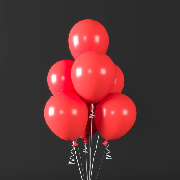 istock Closeup Red balloon group with ribbon in color background. 3D Render. 1349077008
